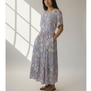 Vintage 90s Gray Blue Floral Midi Dress Cottagecore Prairie Grunge